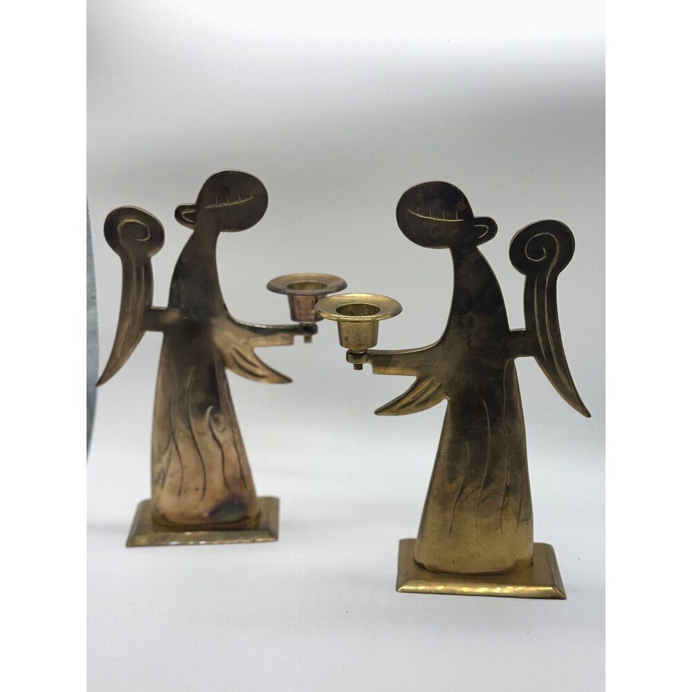 2 Vintage Heavy Duty Brass Christmas Angels Taper Candle Holders Candlesticks‎